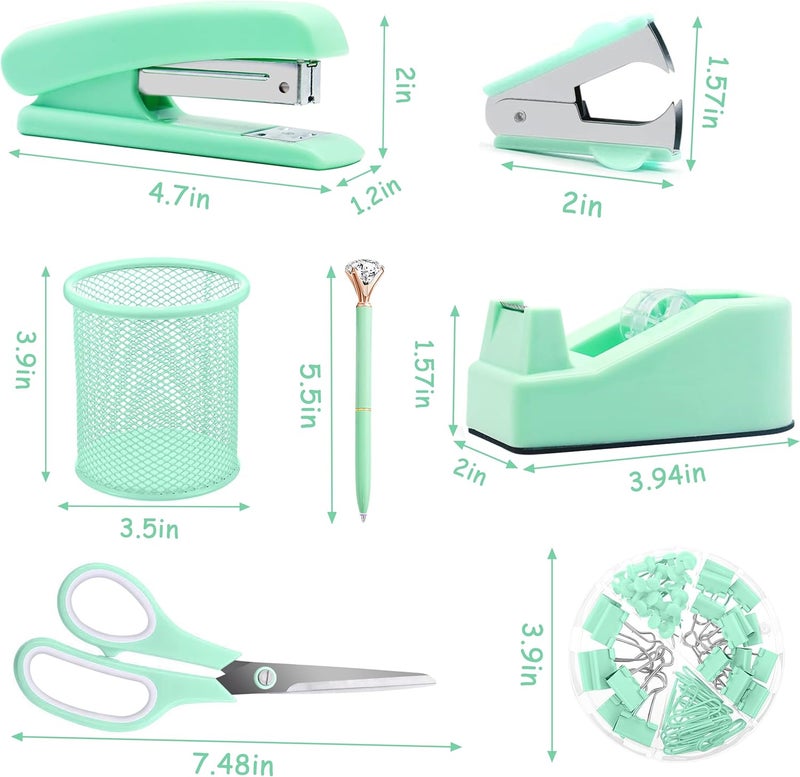 Famassi Green Office Supplies, Purple Desk Accessories, Stapler, Staple Remover, Tape Holder, Pen Holder, Ballpoint Pen, Scissor, Binder Clips, Paper Clips and 1000pcs Staples. - Image 2